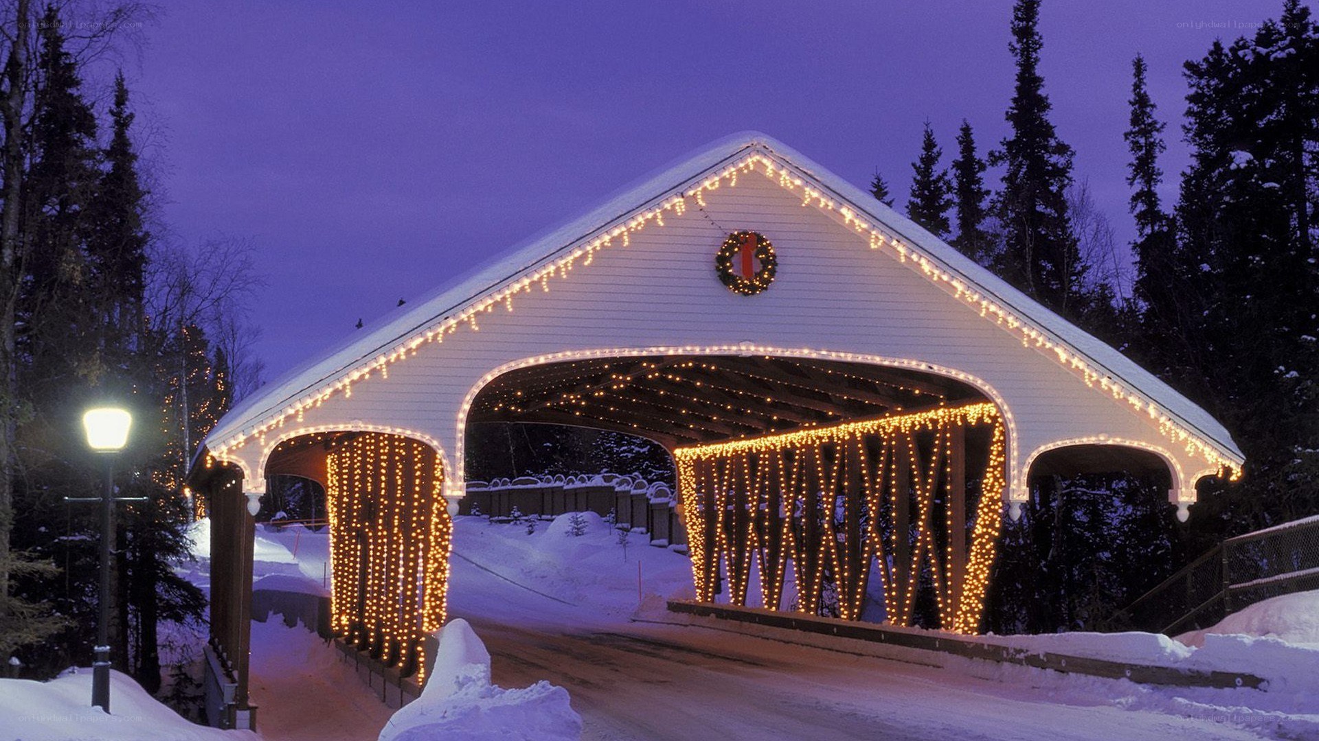 covered bridge at night