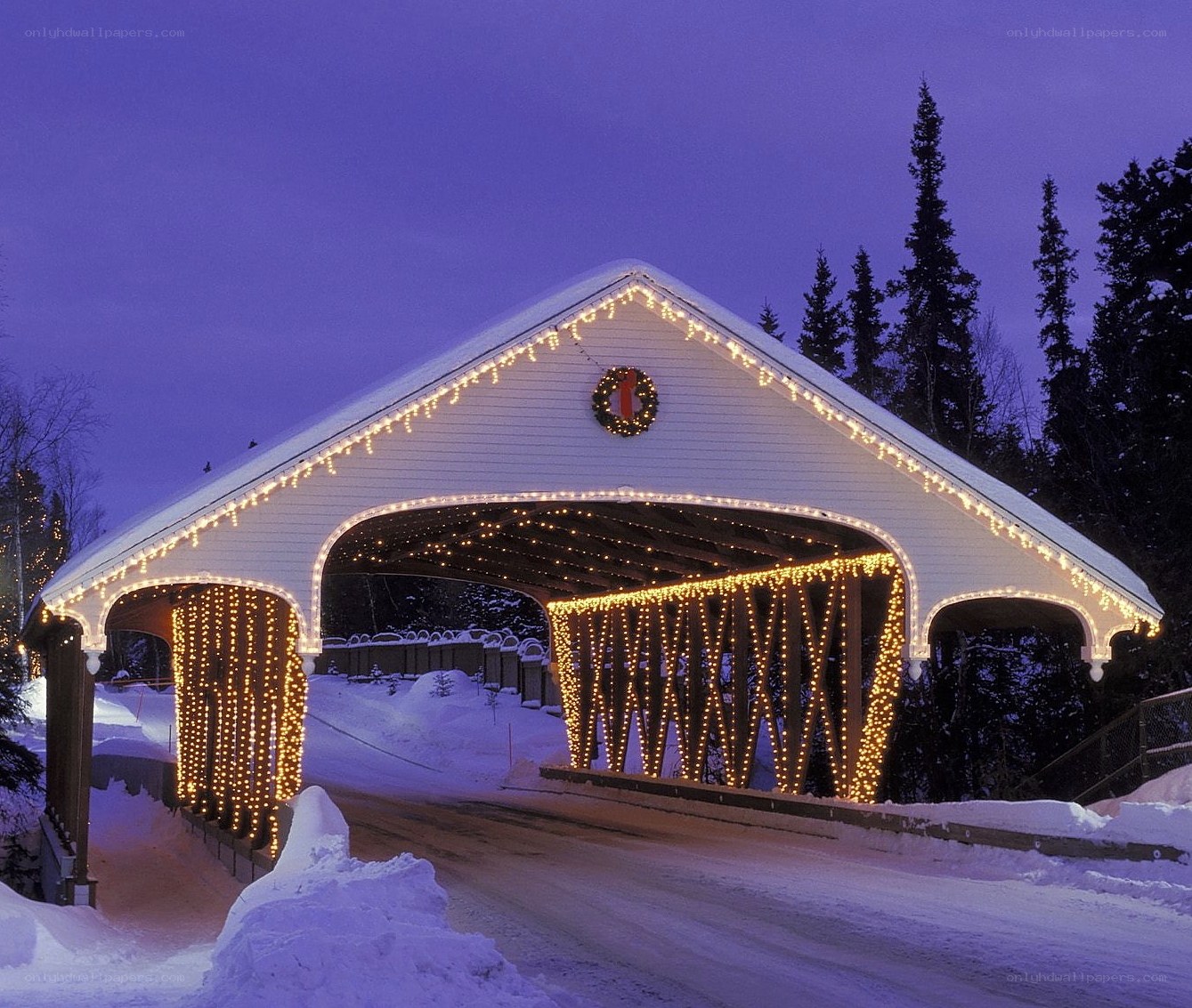 covered bridge at night