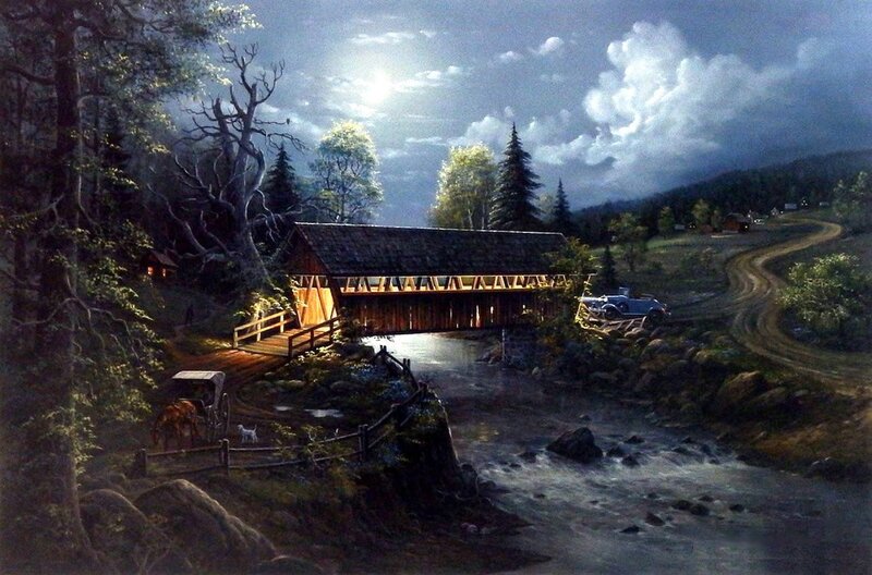 Covered Bridge at Night — Blue, Serene