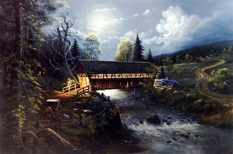 Covered Bridge at Night — Green