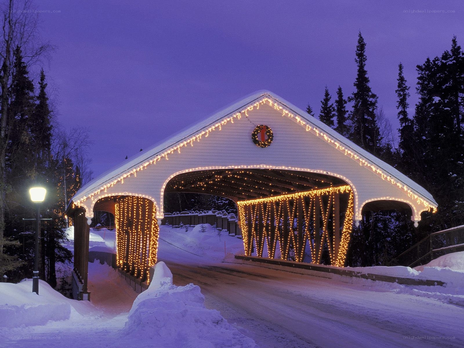 covered bridge at night