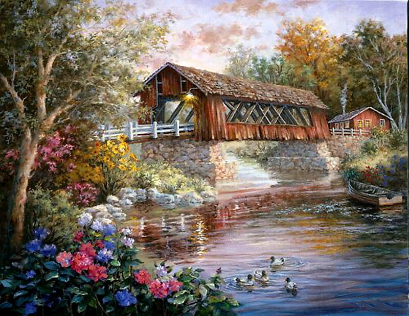 Covered bridge by a river