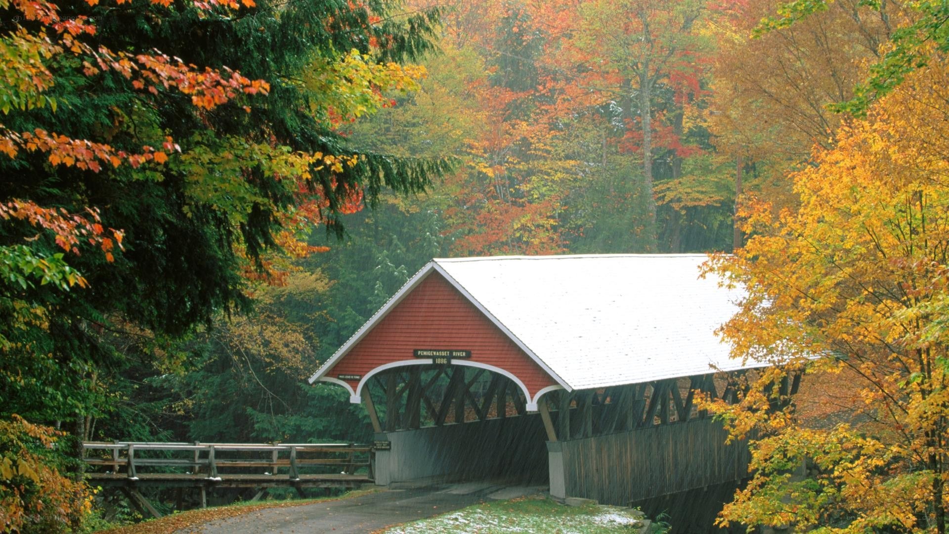 covered bridge in autumn