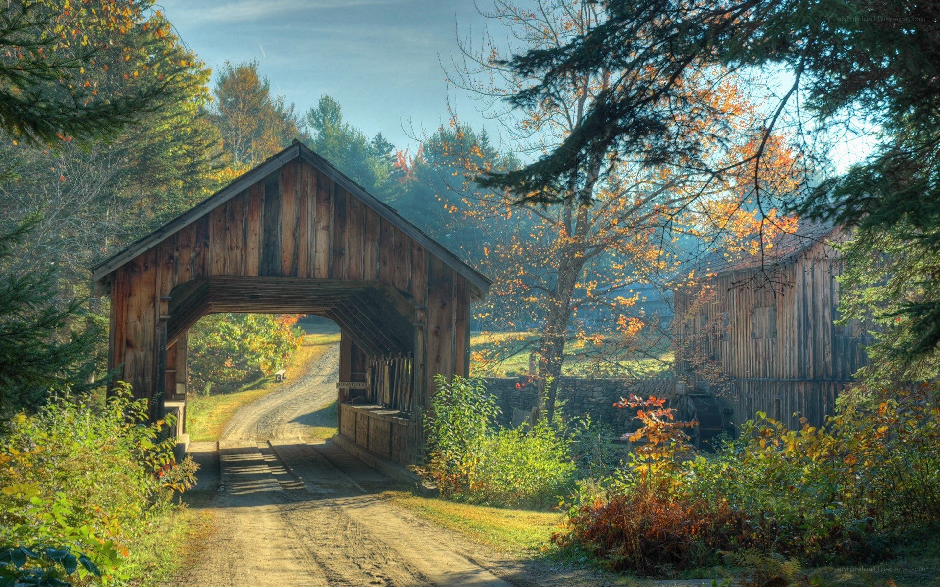 covered bridge in autumn