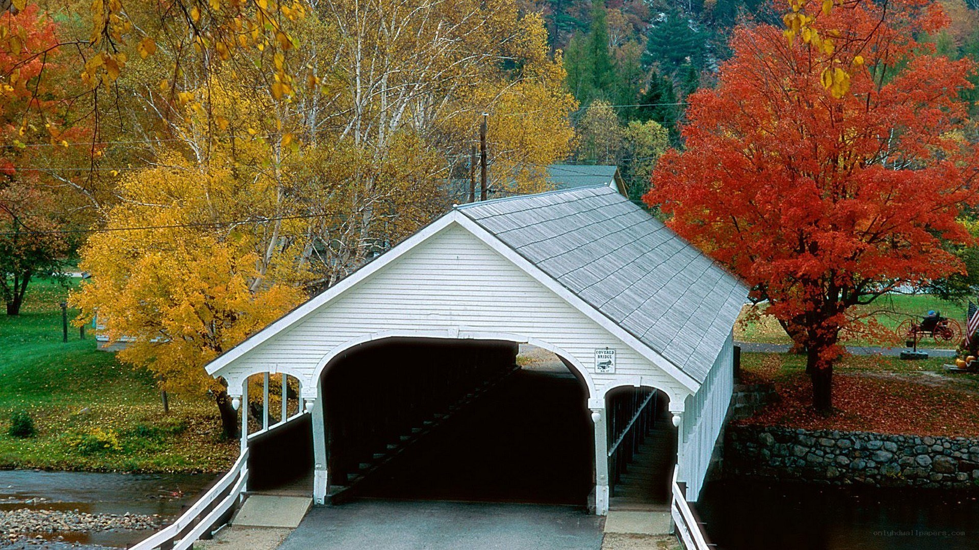 covered bridge in autumn