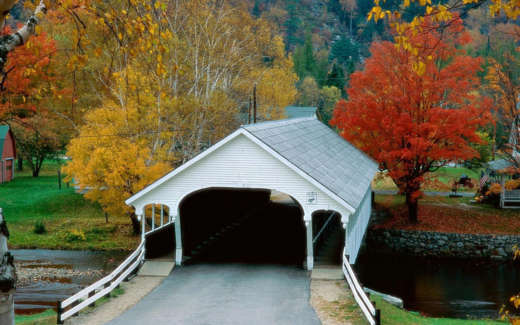 covered bridge in autumn