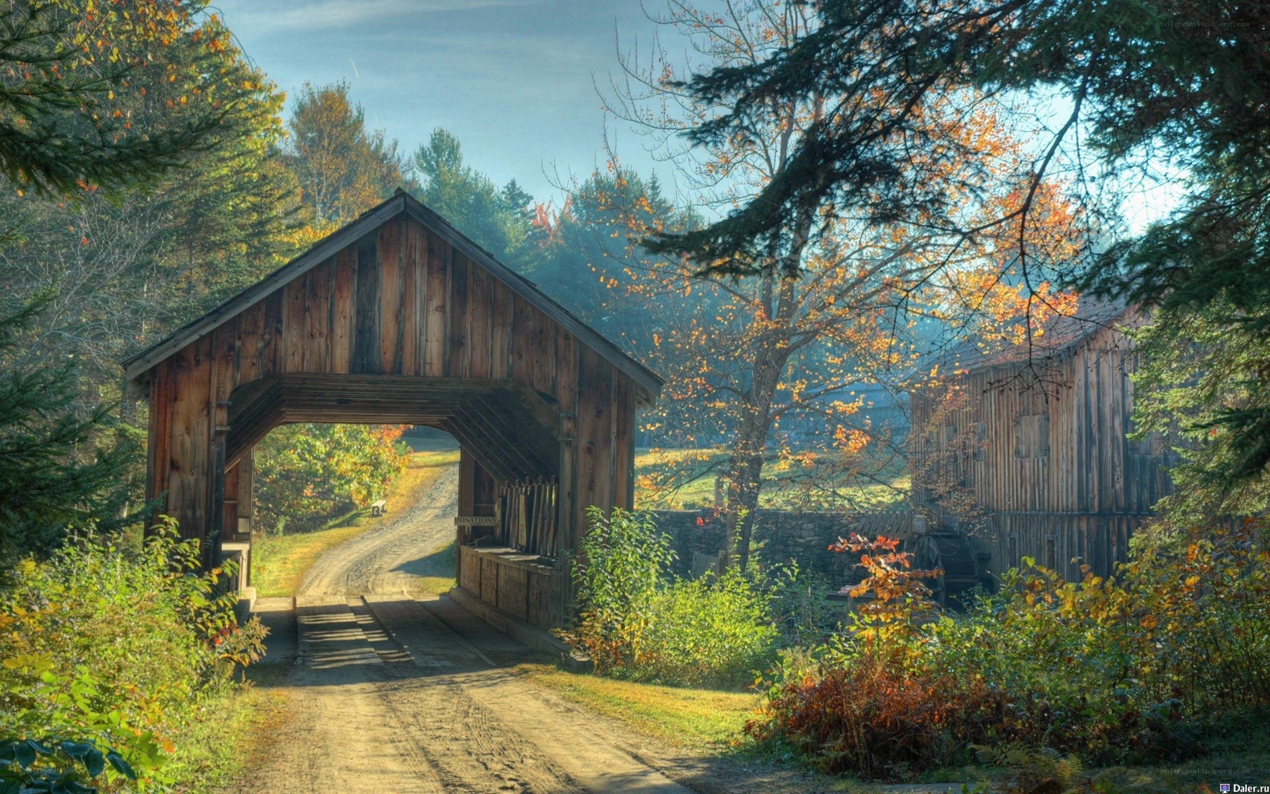 covered bridge in autumn