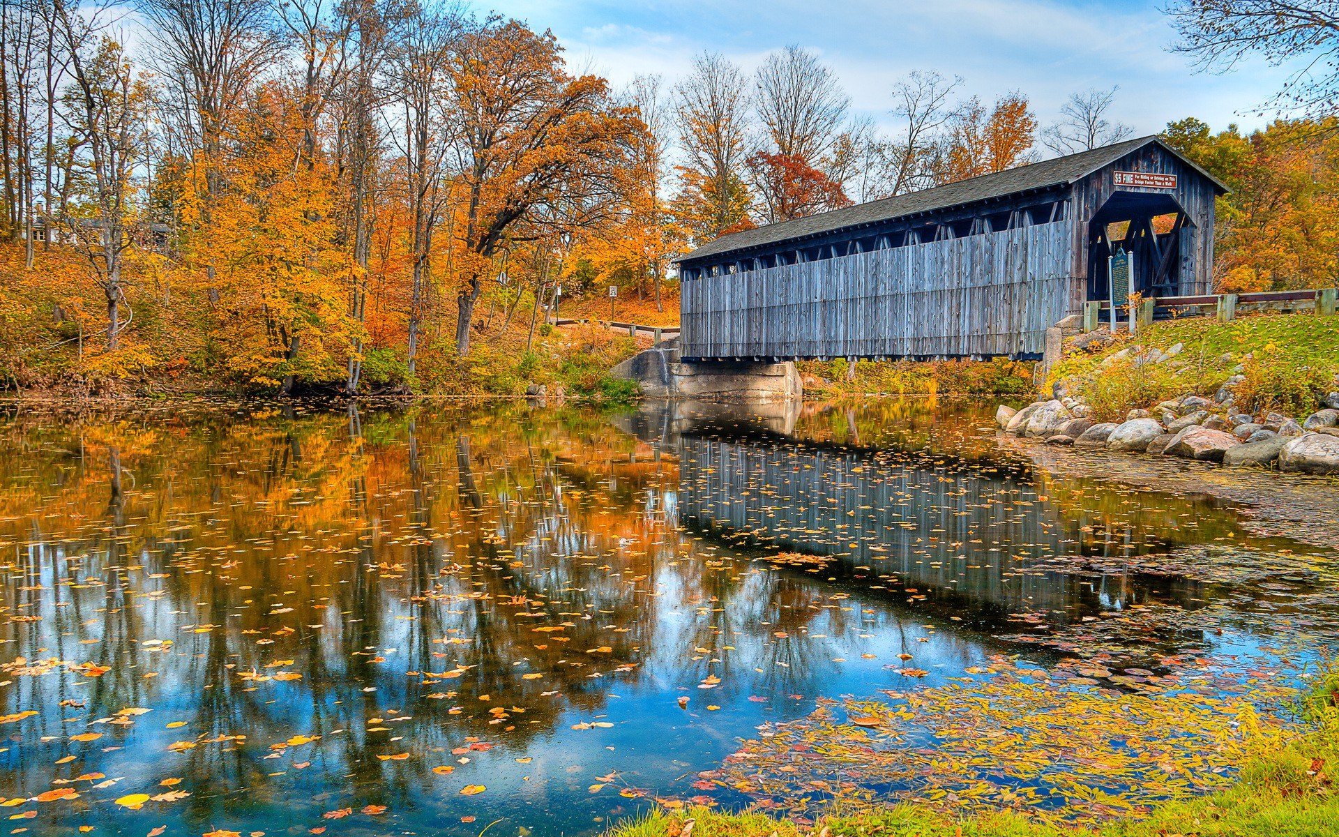 Covered bridge in autumn