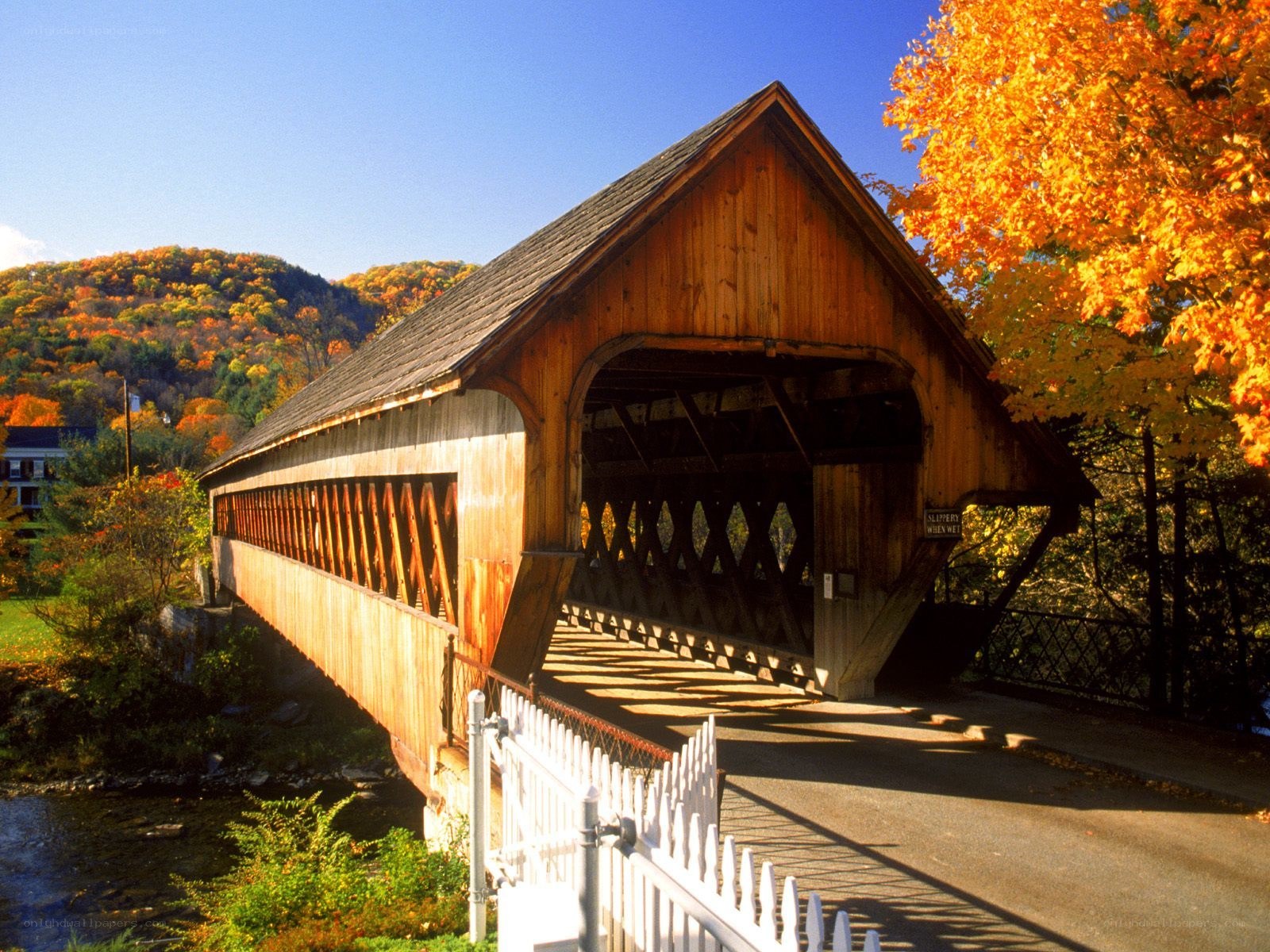 covered bridge in autumn