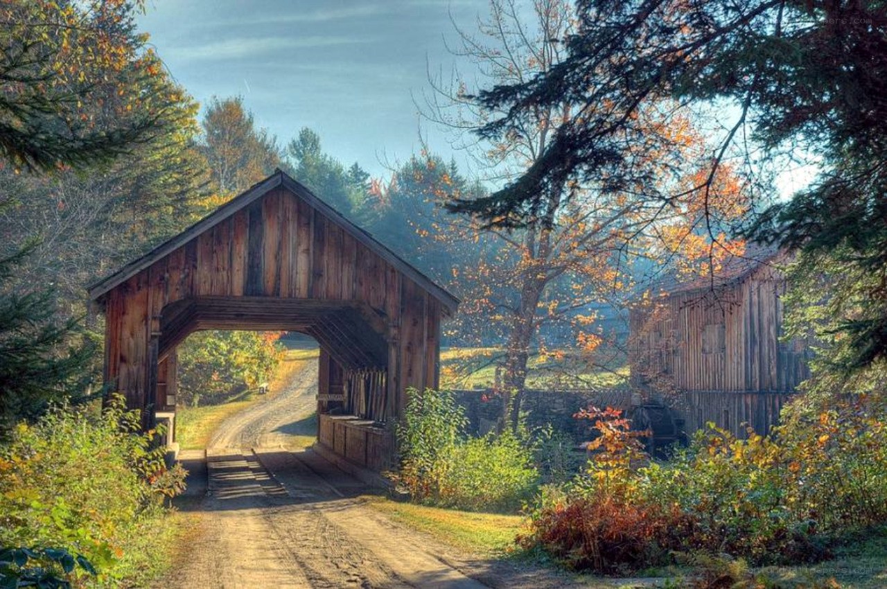 covered bridge in autumn