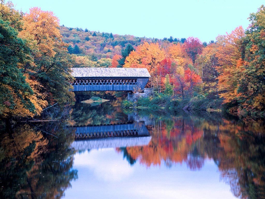 covered bridge in autumn