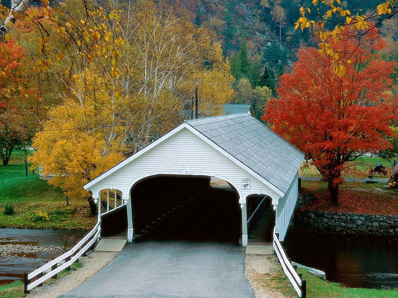 covered bridge in autumn