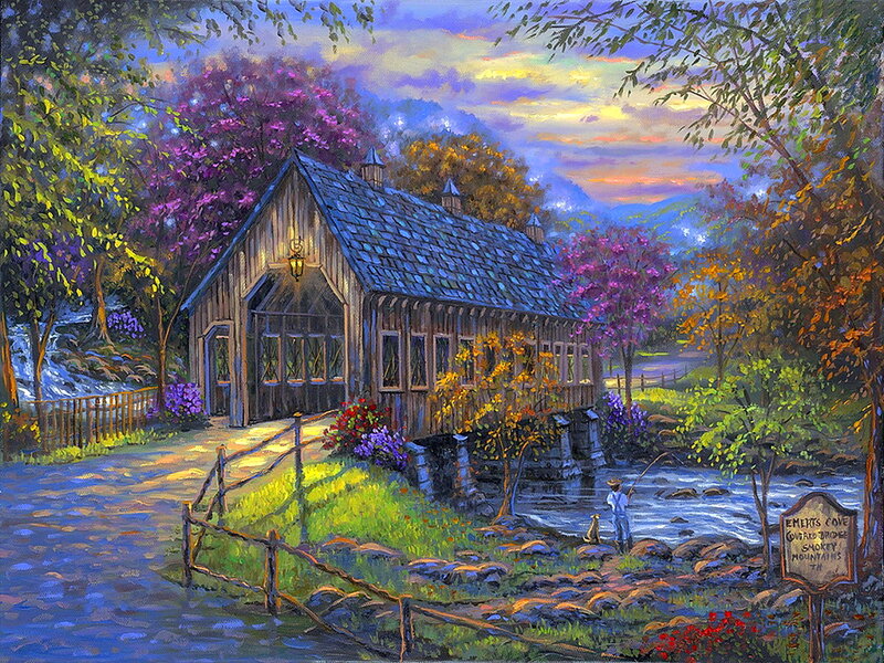 Covered Bridge in Autumn — Blue, Serene