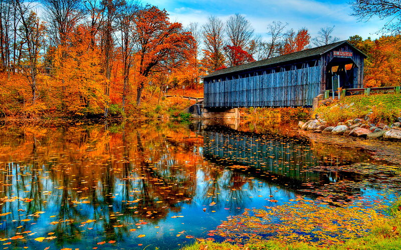 Covered Bridge in Autumn — Blue
