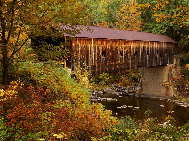 Covered Bridge in Autumn — Brown, Serene