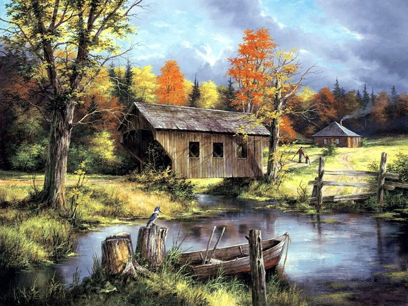 Covered Bridge in Autumn — Green, Serene, Painting, River, Boat