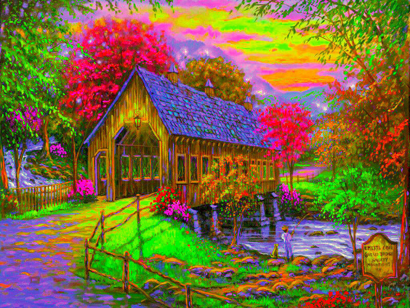 Covered Bridge in Autumn — Green, Serene
