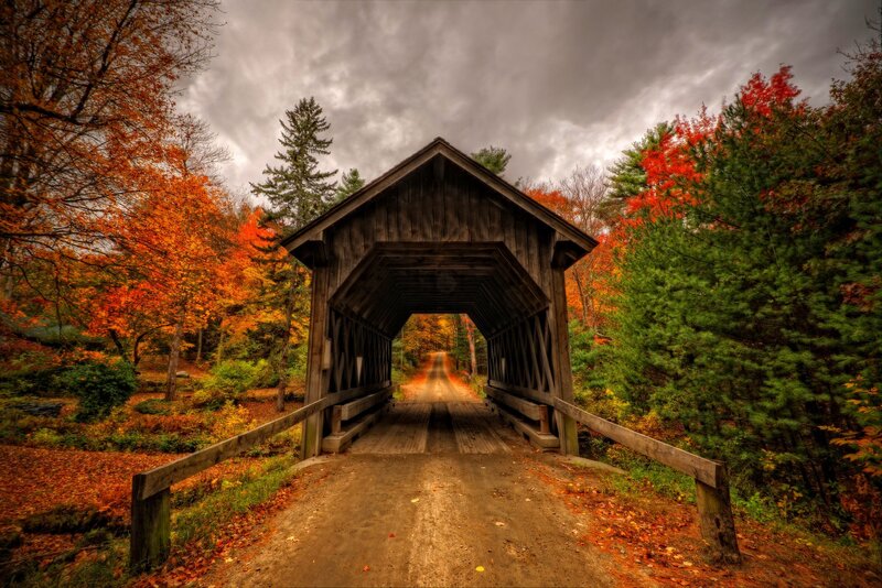 Covered Bridge in Autumn — Orange, Dramatic