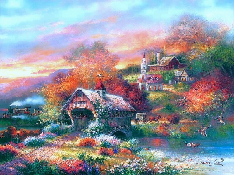 Covered Bridge in Autumn — Orange, Serene, Painting, Church, Train