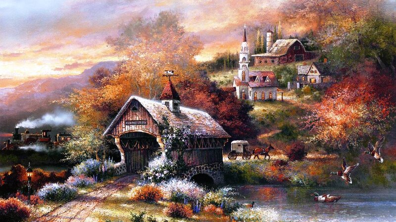 Covered Bridge in Autumn — Orange, Serene, Painting