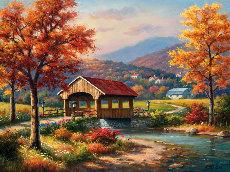 Covered Bridge in Autumn — Orange, Serene, Painting, Trees