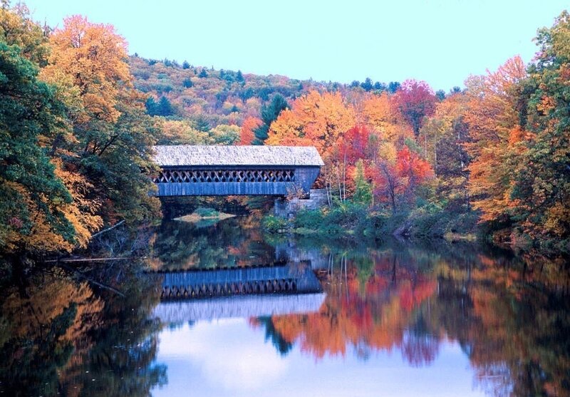 Covered Bridge in Autumn — Orange, Serene, Photograph