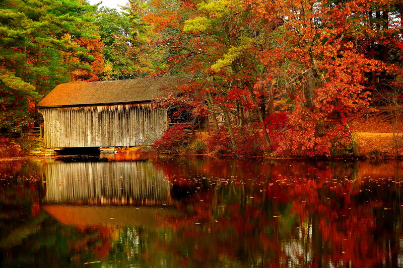 Covered Bridge in Autumn — Red, Serene, Photograph, River