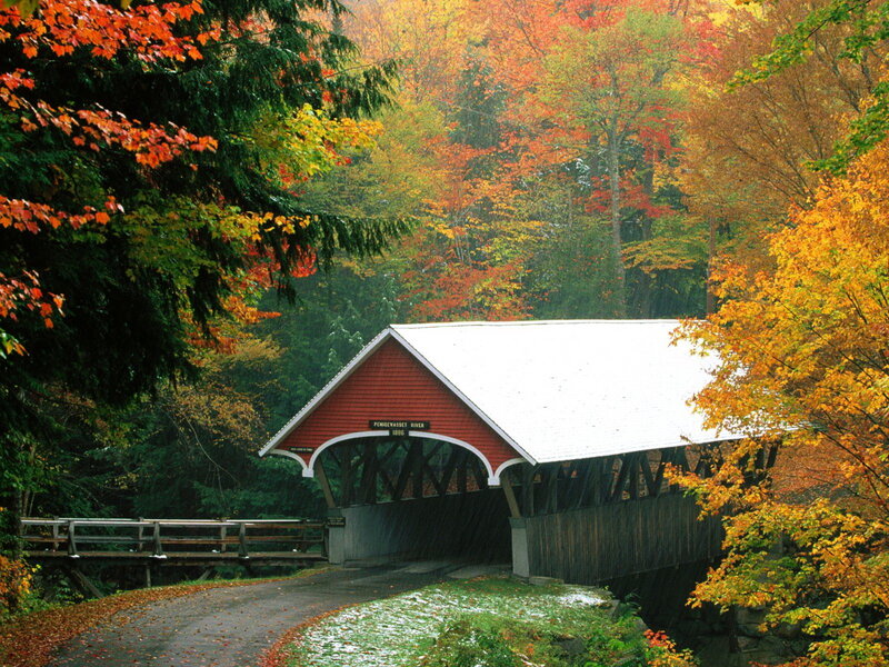 Covered Bridge in Autumn — Red, Serene, Photograph