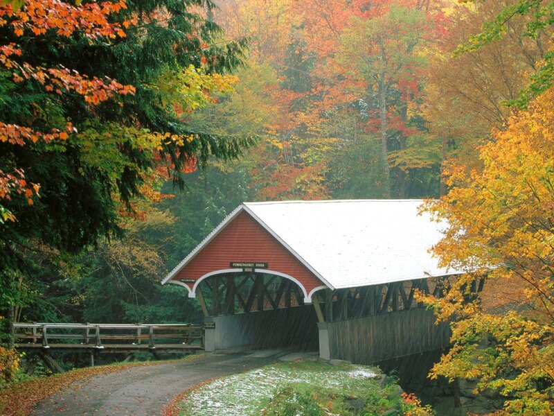 Covered Bridge in Autumn — Red, Serene