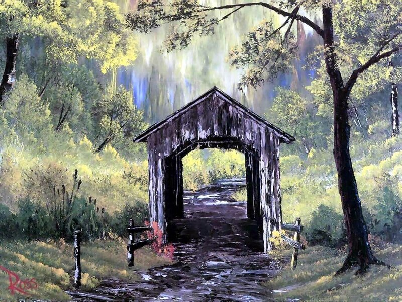 Covered Bridge in Forest — Green, Serene, Morning