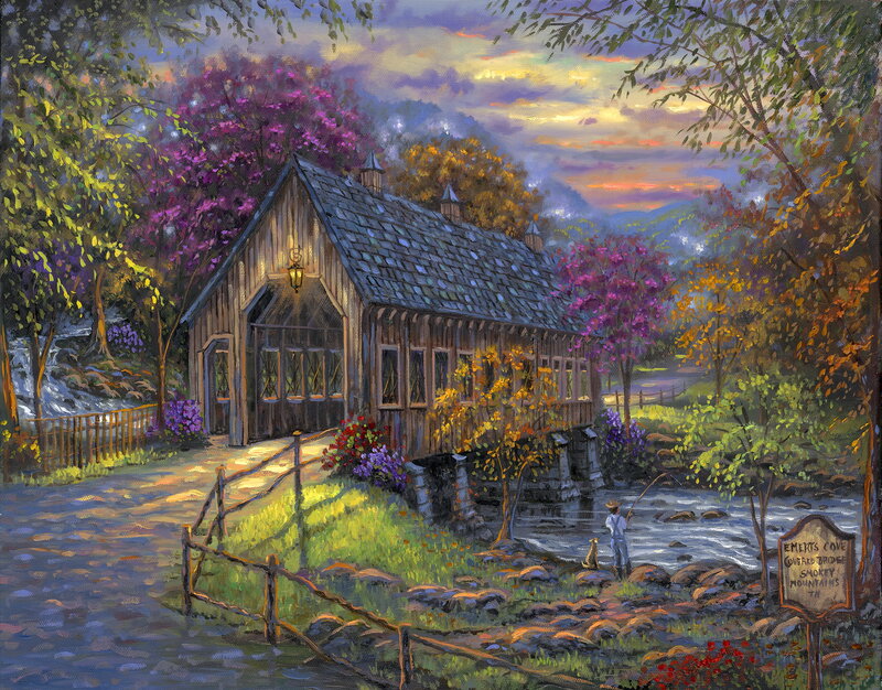 Covered Bridge in Forest — Green, Serene, Sunset