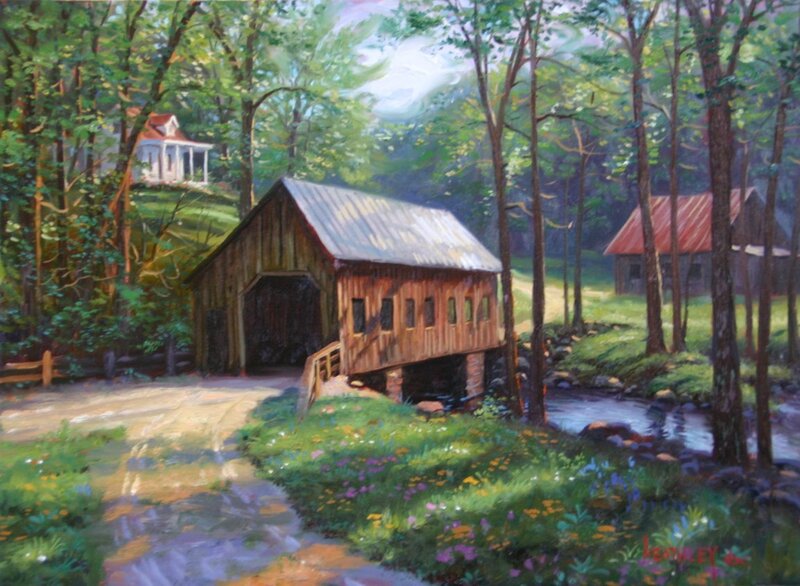 Covered Bridge in Forest — Green
