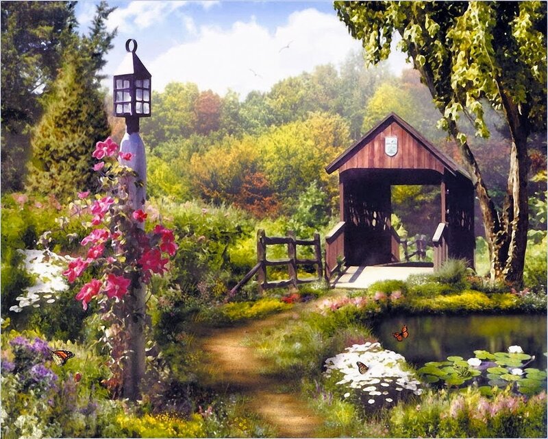 Covered Bridge in Garden — Green, Serene, Afternoon, Painting