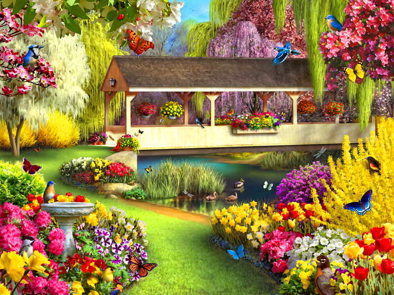 Covered Bridge in Garden — Green, Serene, Spring, Digital Art