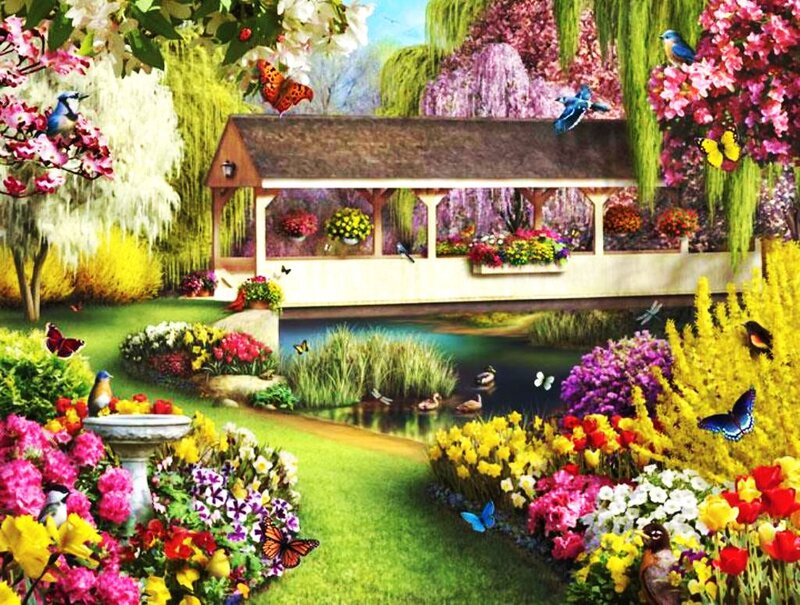 Covered Bridge in Garden — Green, Serene, Spring, Illustration