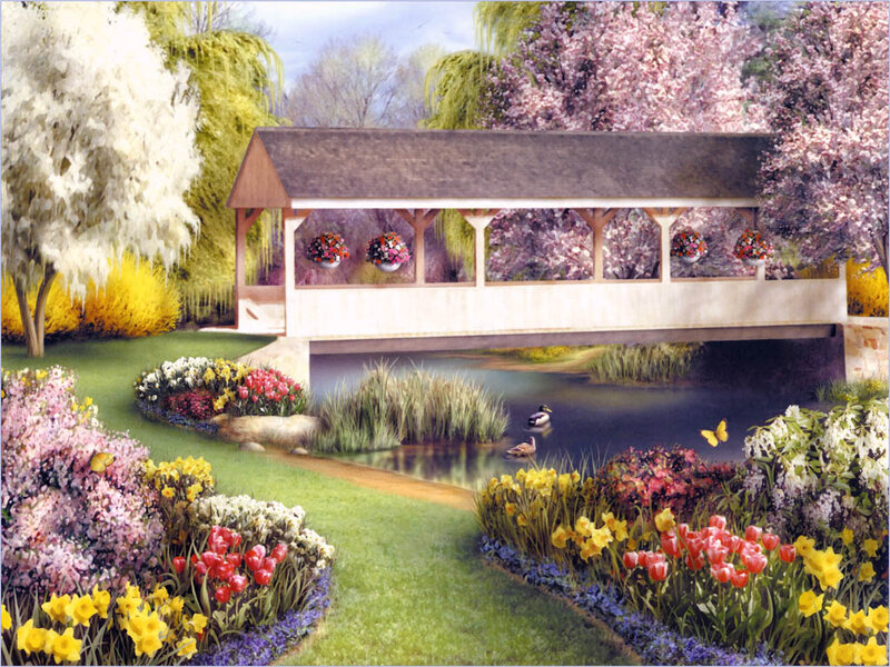 Covered Bridge in Garden — Green