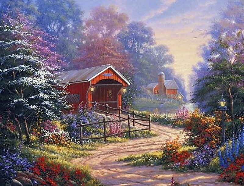 Covered Bridge in Garden — Red