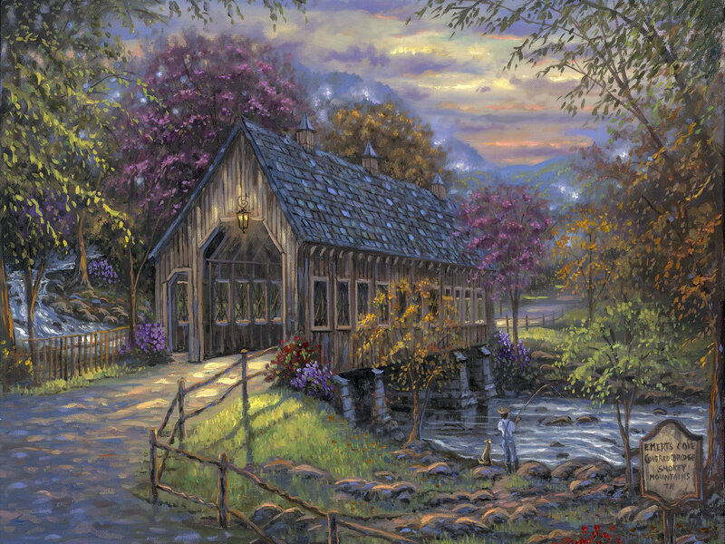 Covered Bridge in Mountains — Green