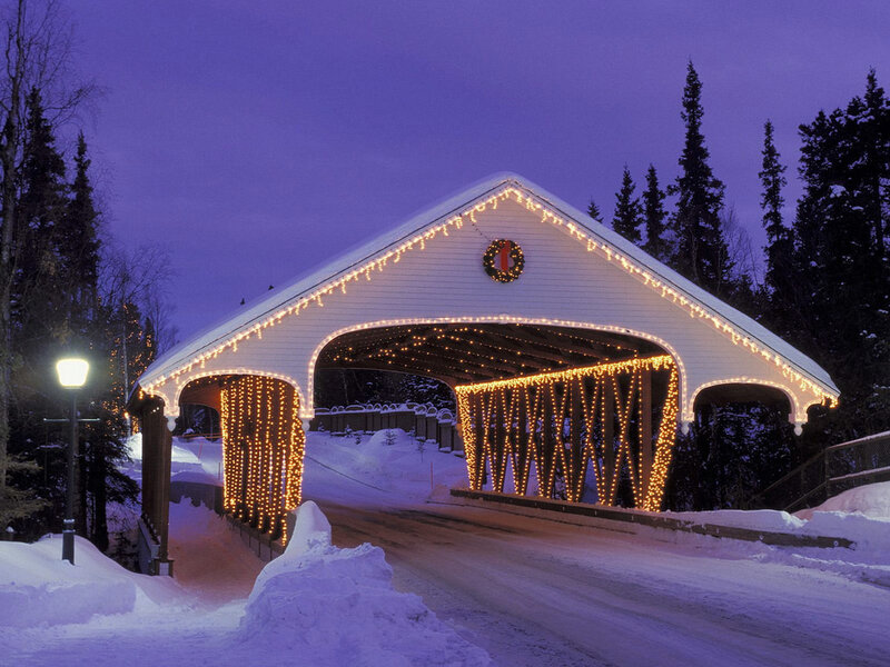 Covered Bridge in Snow — White, Serene, Night, Photograph, Wreath
