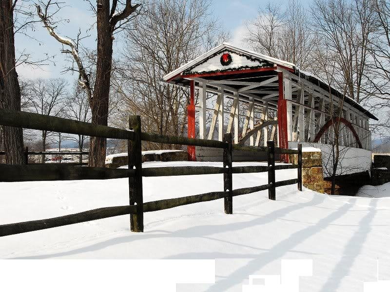 Covered Bridge in Snow — White, Serene