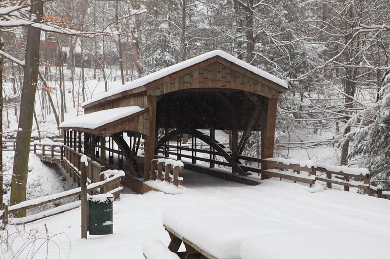 Covered Bridge in Snow — White, Serene, Winter, Photograph, Trees