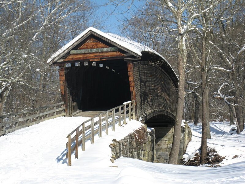 Covered Bridge in Snow — White, Serene, Winter, Photograph, Trees, Wooden Fence