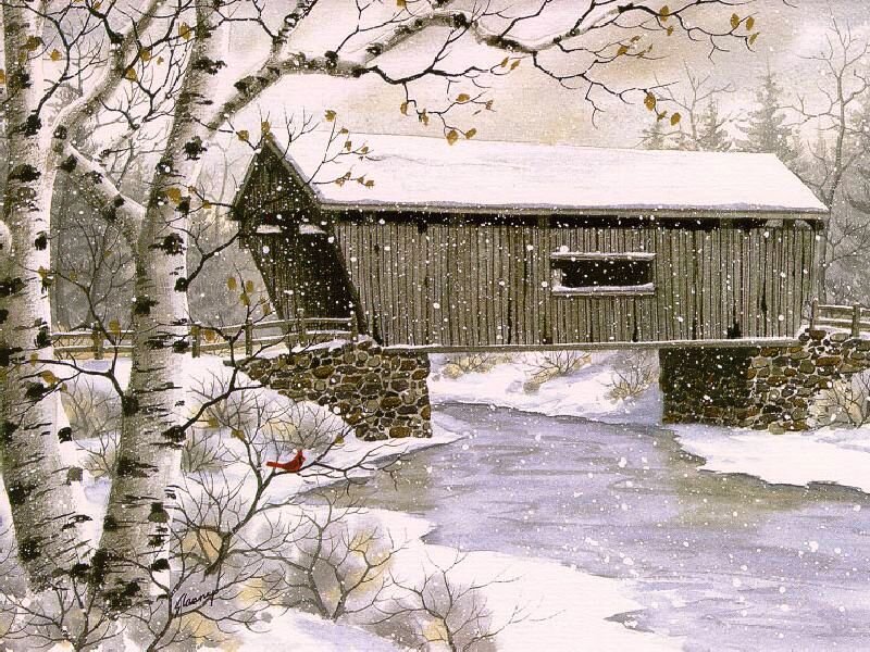 Covered Bridge in Snow — White, Serene, Winter