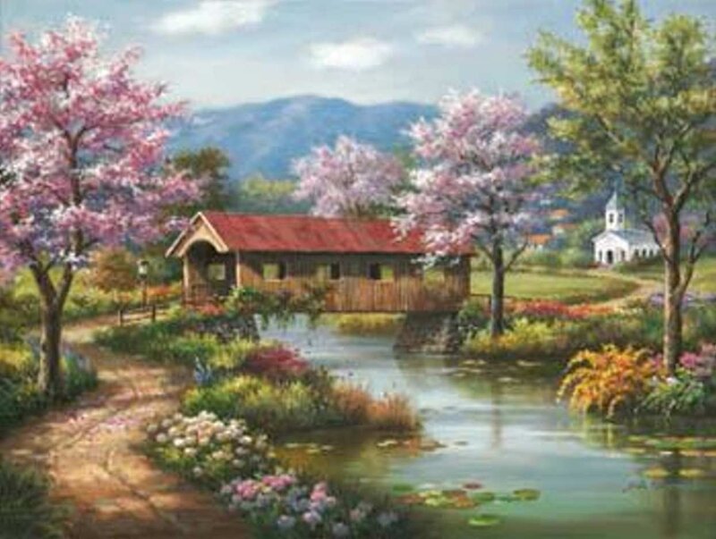 Covered bridge in spring landscape