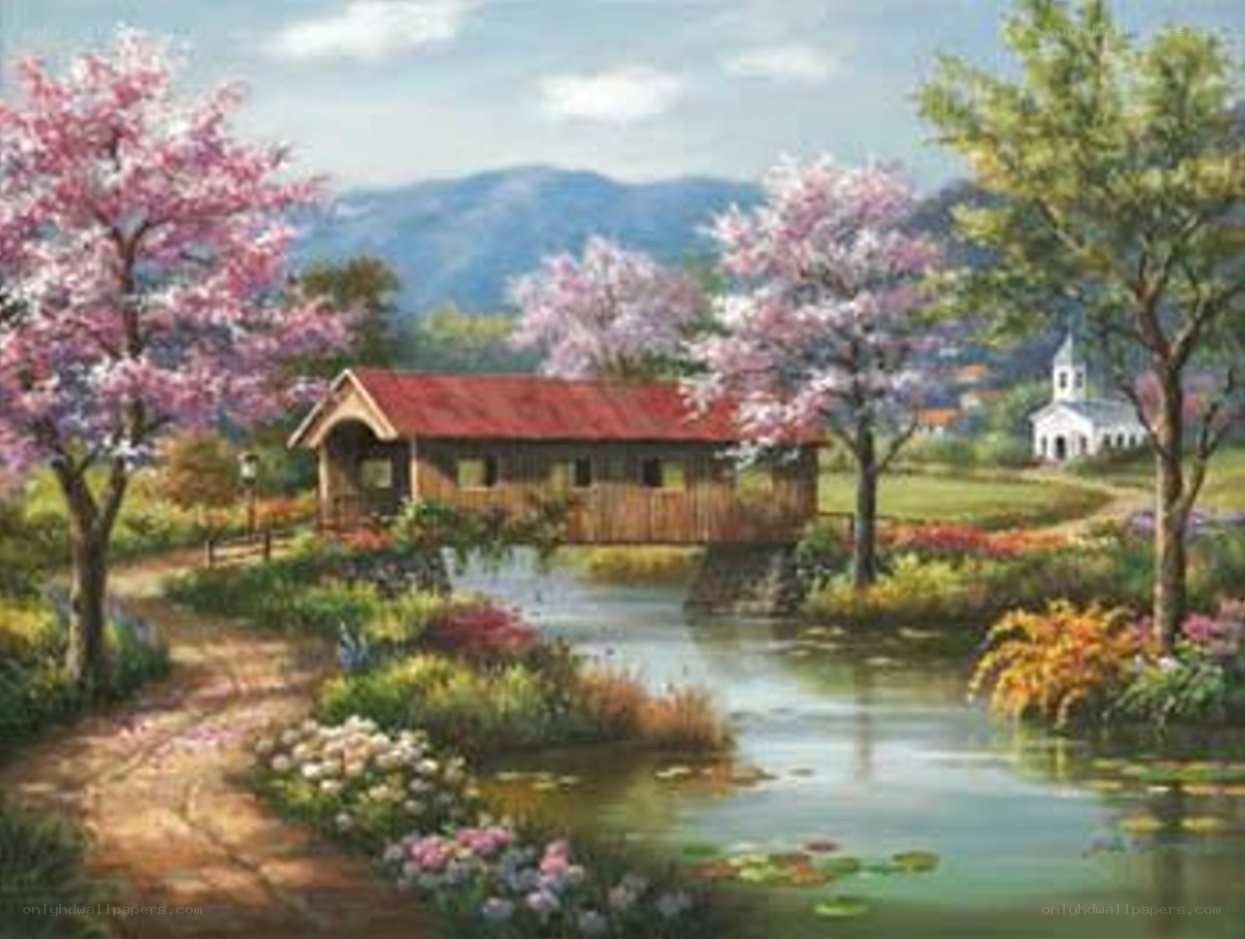 Covered bridge in spring landscape