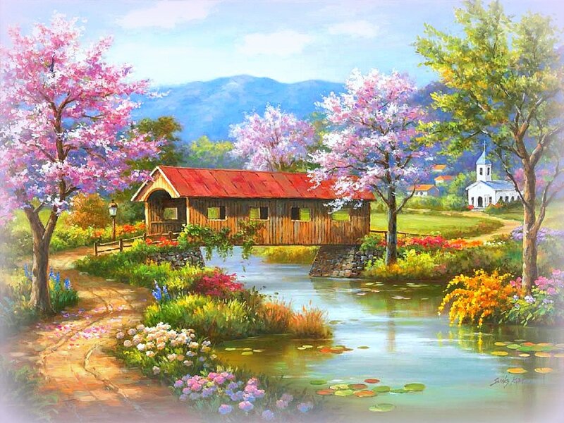 Covered Bridge in Spring — Pink, Serene