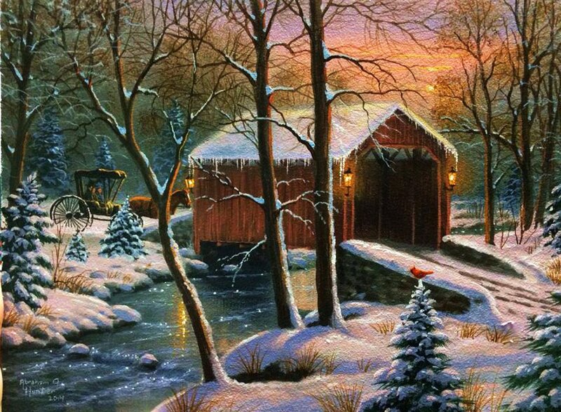 Covered Bridge in Winter — Red