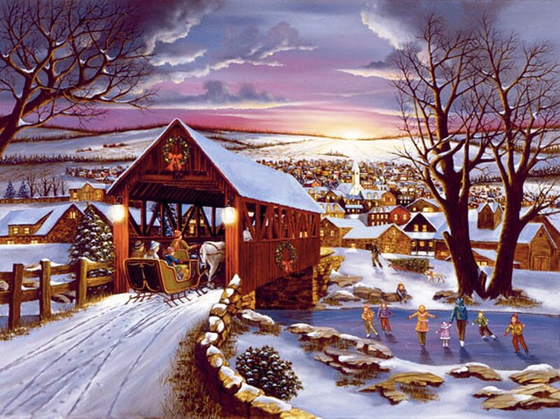 Covered Bridge in Winter — White, Peaceful