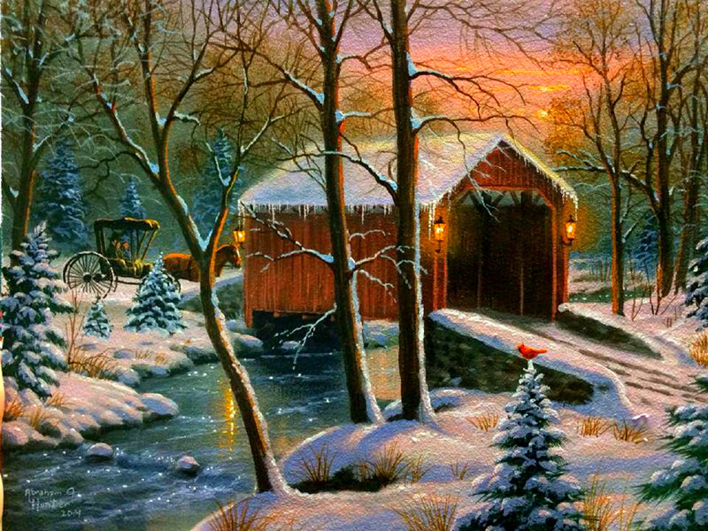 Covered Bridge in Winter — White, Serene, Painting