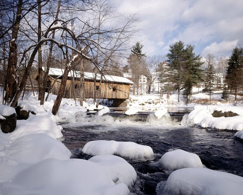 Covered Bridge in Winter — White, Serene, Photograph, River, Snow